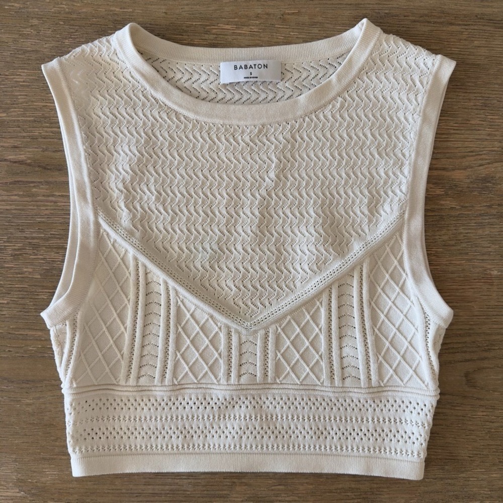 Aritzia Babaton Pointelle Knit Tank Top-Cream Sleeveless Crop Top-Sz Small